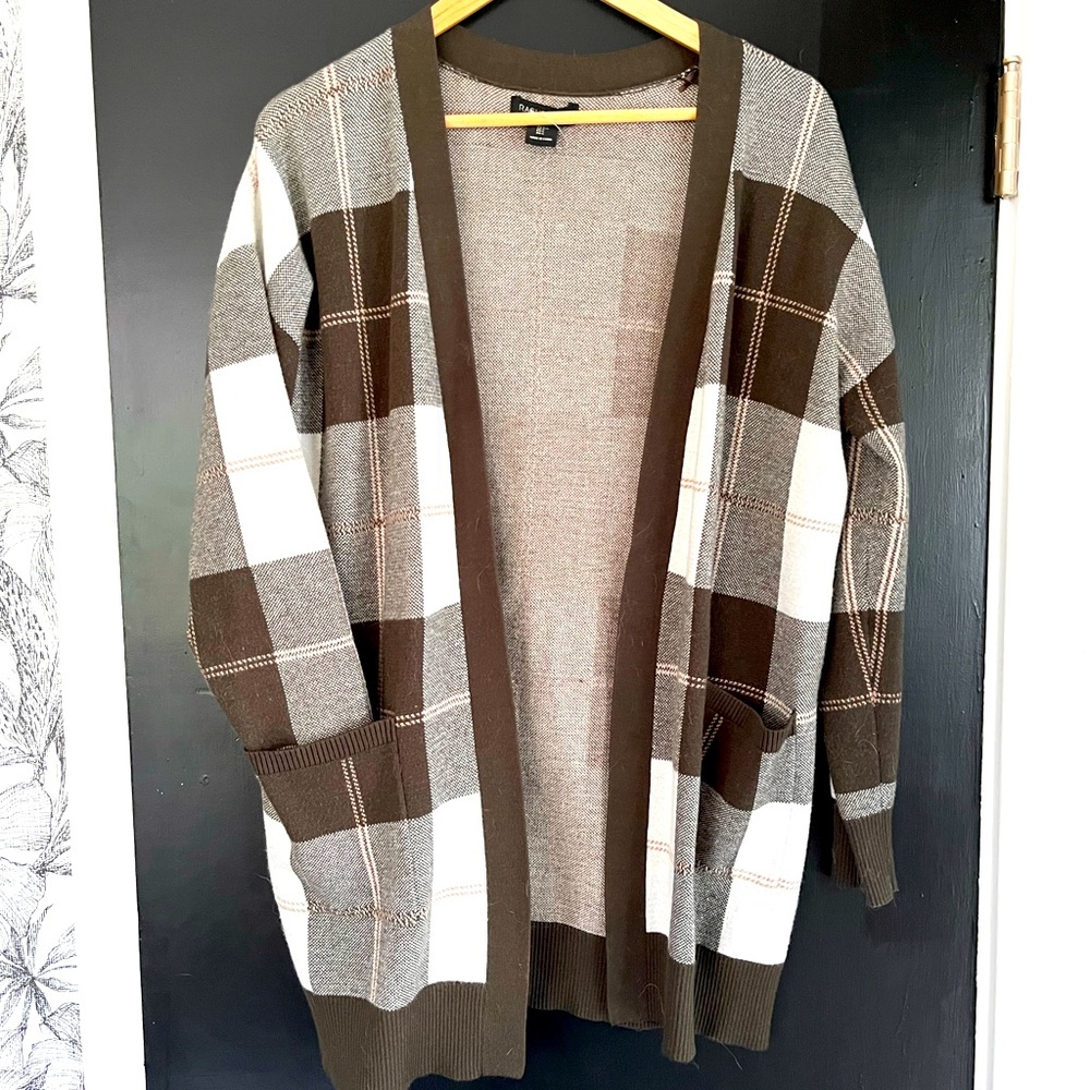 Rachel are Zoe- Long green plaid warm open sweater